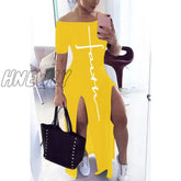 Letter Pattern Off Shoulder Split Maxi Dress Women Fall Winter Short Sleeve Sheath Casual Fashion